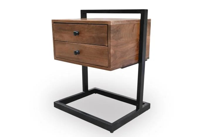 Mango Wood Bedside Table with 2 Drawers and Iron Frame - side view