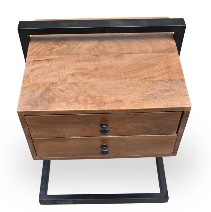 Mango Wood Bedside Table with 2 Drawers and Iron Frame - top front view