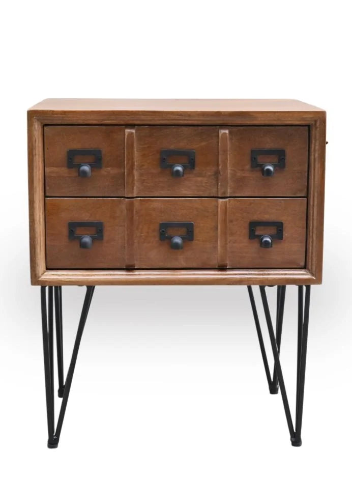 Mango Wood Bedside Table with Apothecary Drawers and Iron Hairpin Legs - front view