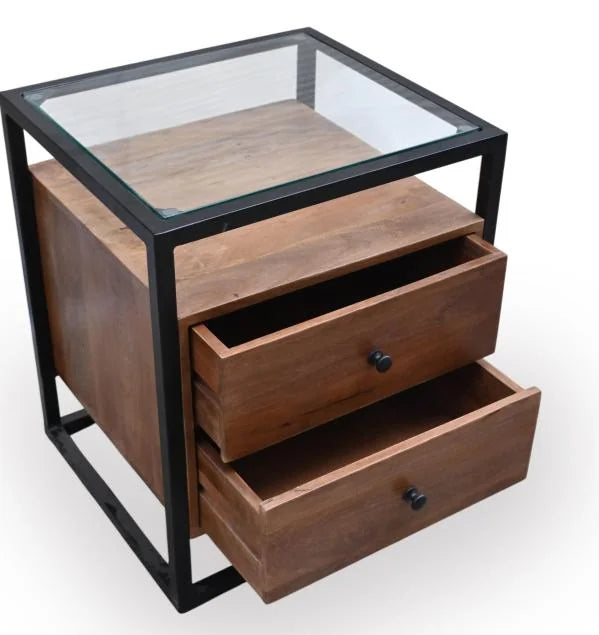 Mango Wood Bedside Table with Glass Top and 2 Drawers, Iron Frame - drawers open view