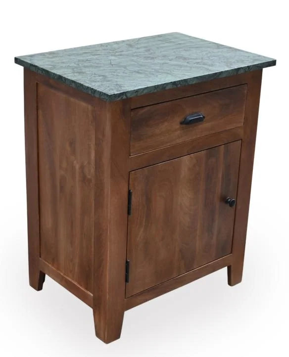 Mango Wood Bedside Table with Green Marble Top, 1 Drawer and 1 Door - angle view