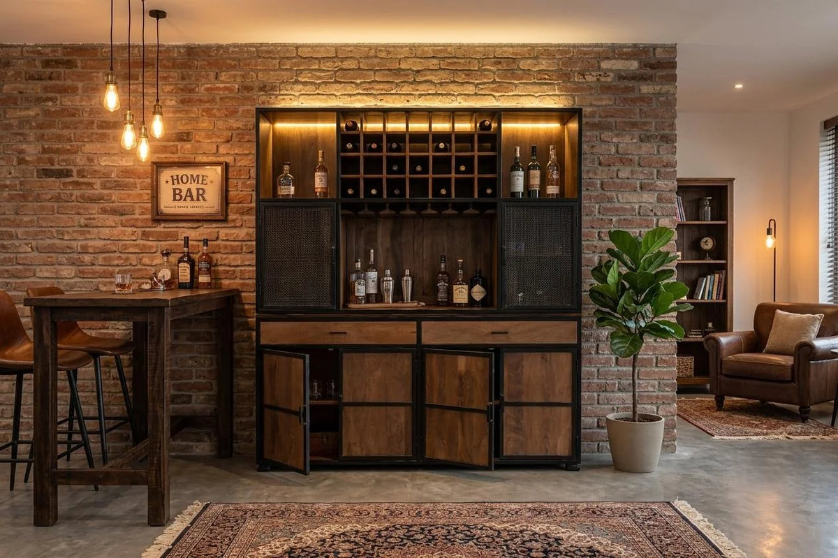 2-Piece Mango Wood Bar Cabinet with Wine Rack and Iron Frame - interior wide view