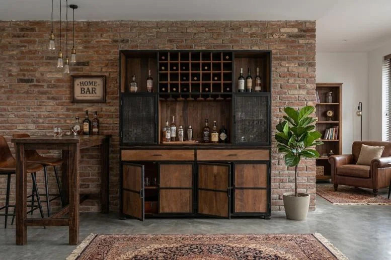 2-Piece Mango Wood Bar Cabinet with Wine Rack and Iron Frame - interior view