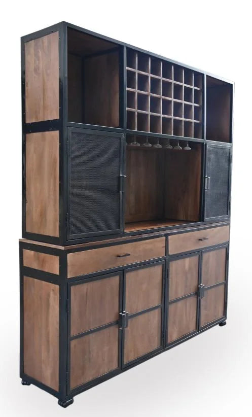 2-Piece Mango Wood Bar Cabinet with Wine Rack and Iron Frame - side angle view