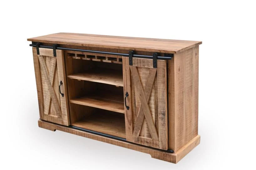 Mango Wood Sideboard with 2 Sliding Barn Doors - side angle view