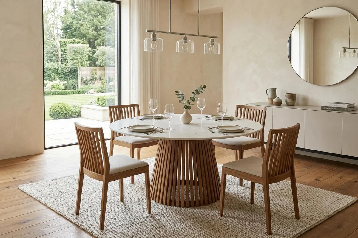 Round Dining Table with Marble Top and Acacia Wood Base - interior view