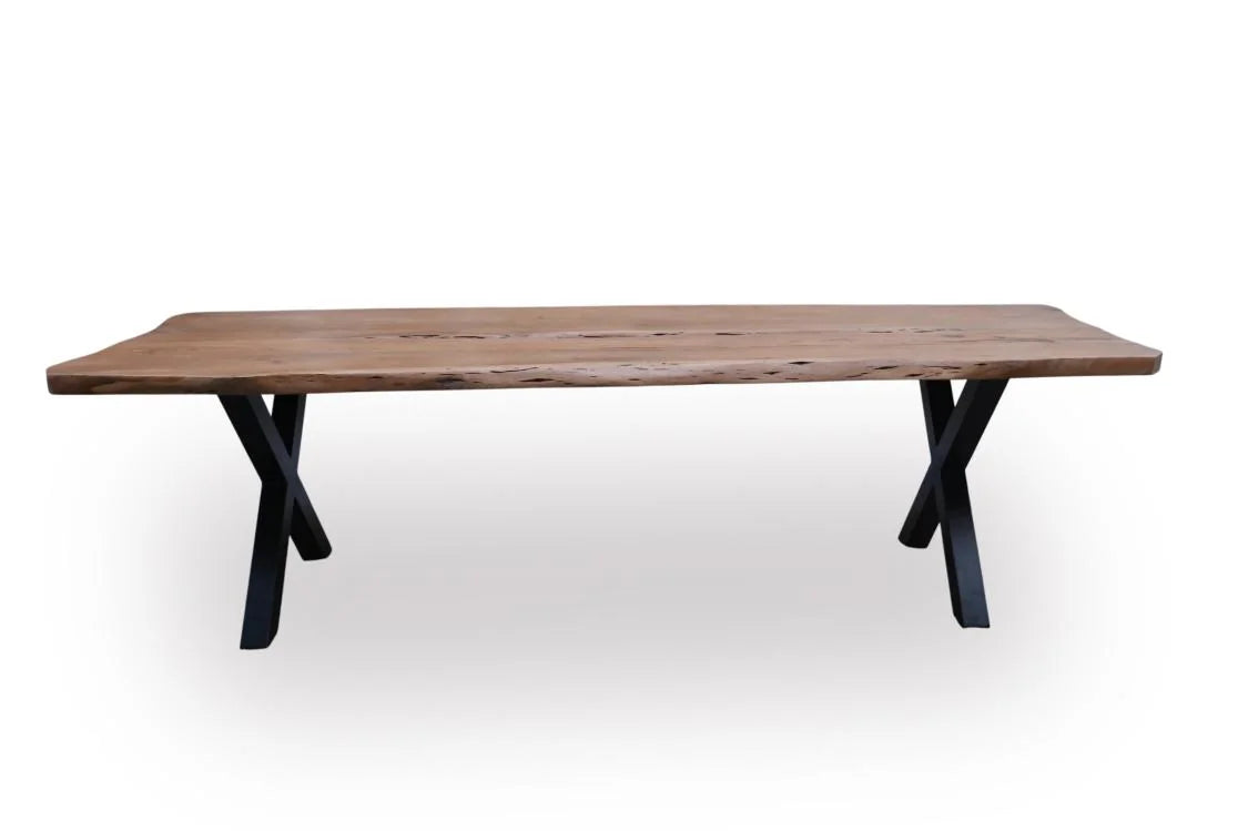 50mm Rustix Live Edge Acacia Wood Dining Table with X-Shaped Legs - front view