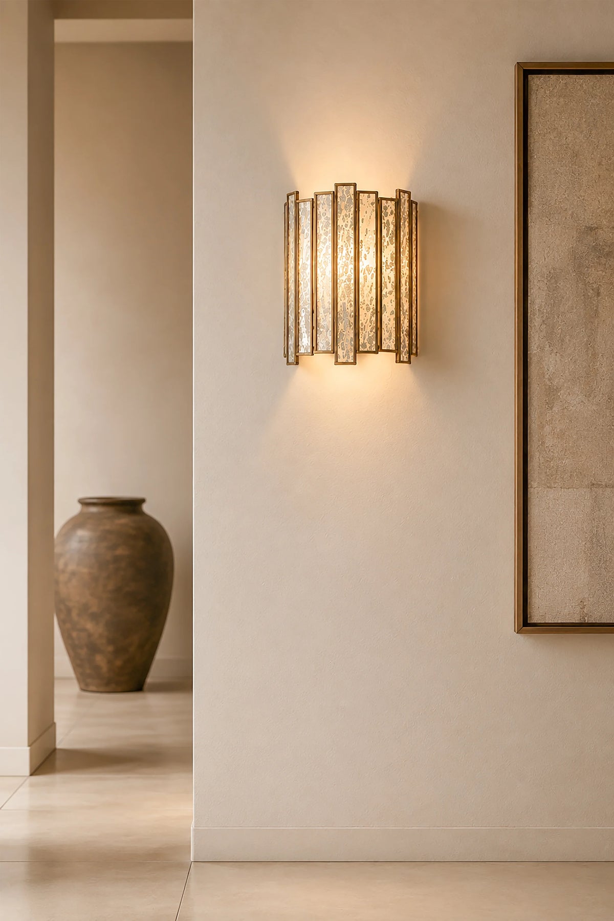 Gold Brass LED Wall Mirror With Textured Glass Panels
