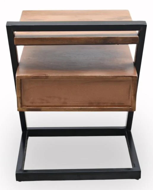 Mango Wood Bedside Table with 1 Drawer and Shelf, Iron Frame - back view