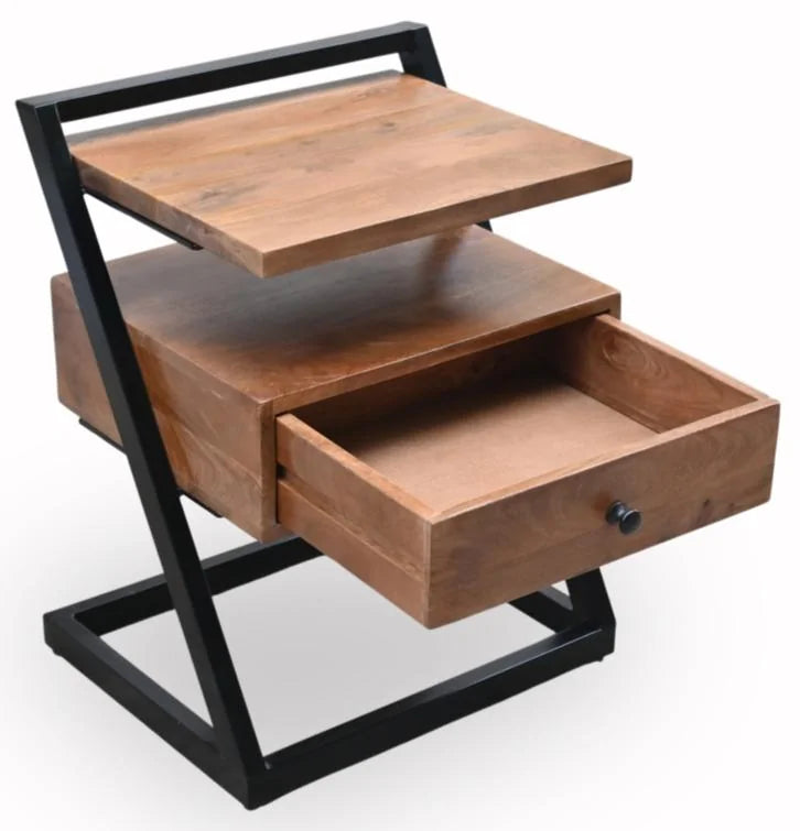 Mango Wood Bedside Table with 1 Drawer and Shelf, Iron Frame - drawer open view
