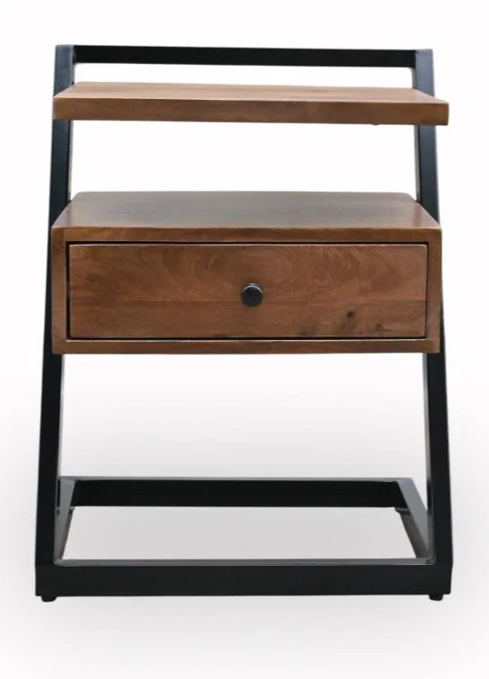 Mango Wood Bedside Table with 1 Drawer and Shelf, Iron Frame - front view