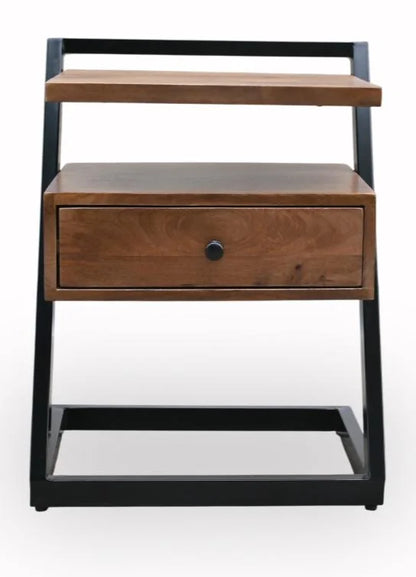 Mango Wood Bedside Table with 1 Drawer and Shelf, Iron Frame - front view