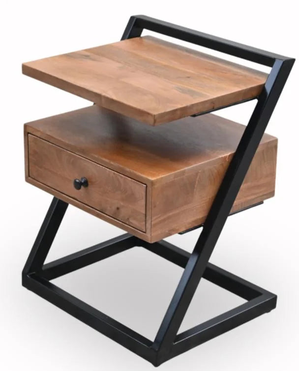 Mango Wood Bedside Table with 1 Drawer and Shelf, Iron Frame - side view