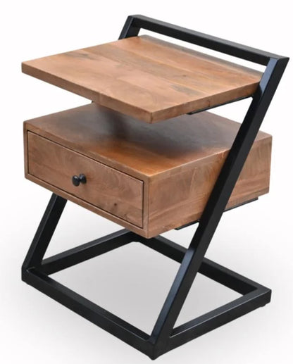 Mango Wood Bedside Table with 1 Drawer and Shelf, Iron Frame - side view