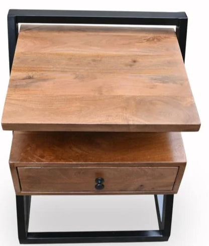 Mango Wood Bedside Table with 1 Drawer and Shelf, Iron Frame - top view