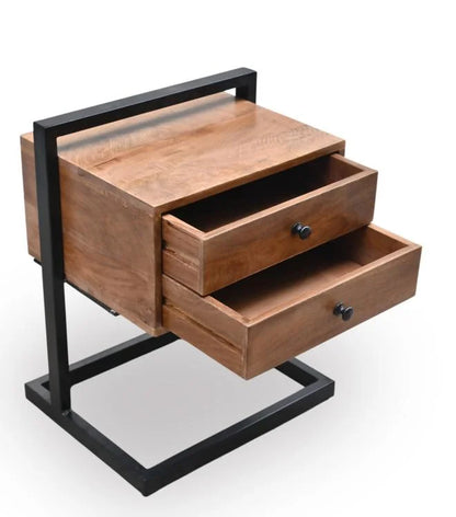 Mango Wood Bedside Table with 2 Drawers and Iron Frame - drawers open view