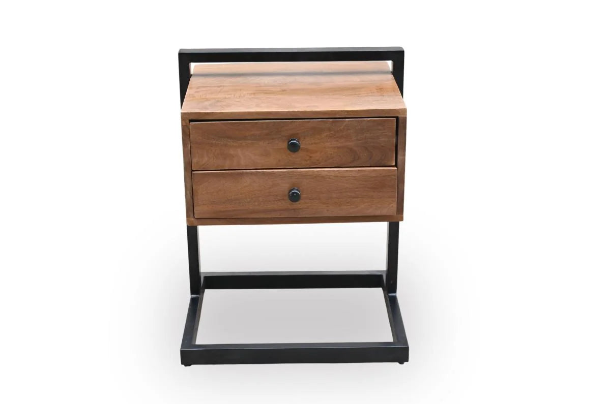 Mango Wood Bedside Table with 2 Drawers and Iron Frame - front view