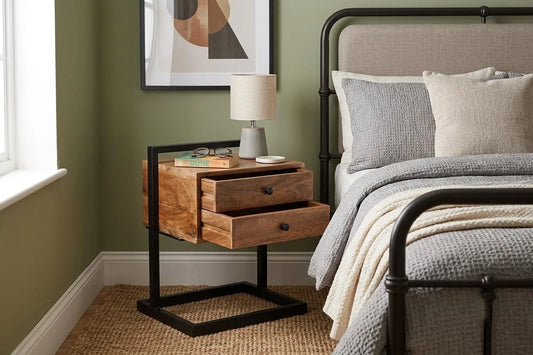 Mango Wood Bedside Table with 2 Drawers and Iron Frame - interior view