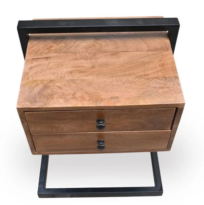 Mango Wood Bedside Table with 2 Drawers and Iron Frame - top front view