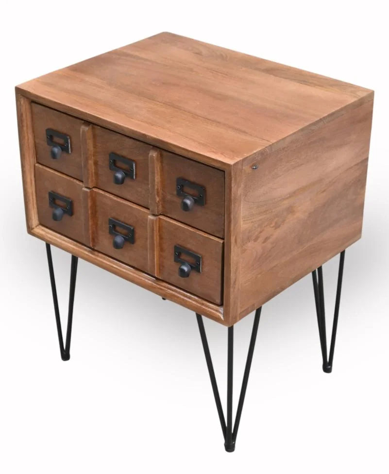 Mango Wood Bedside Table with Apothecary Drawers and Iron Hairpin Legs - angle view