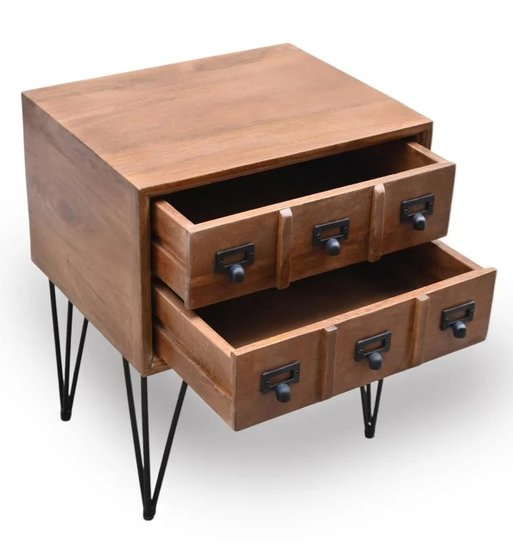 Mango Wood Bedside Table with Apothecary Drawers and Iron Hairpin Legs - drawers open view