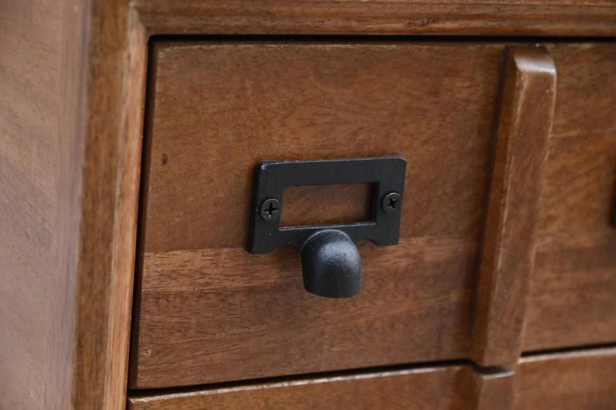 Mango Wood Bedside Table with Apothecary Drawers and Iron Hairpin Legs - handle detail view