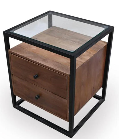 Mango Wood Bedside Table with Glass Top and 2 Drawers, Iron Frame - angle view