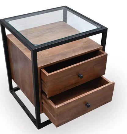 Mango Wood Bedside Table with Glass Top and 2 Drawers, Iron Frame - drawers open view