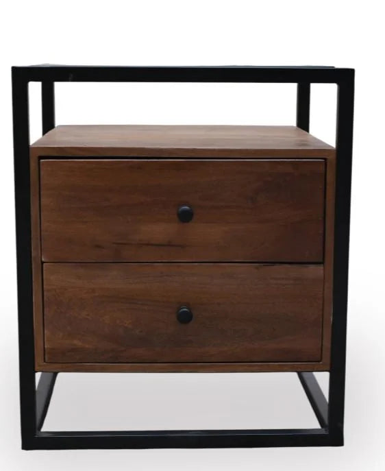 Mango Wood Bedside Table with Glass Top and 2 Drawers, Iron Frame - front view