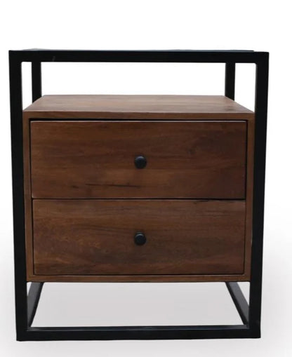 Mango Wood Bedside Table with Glass Top and 2 Drawers, Iron Frame - front view