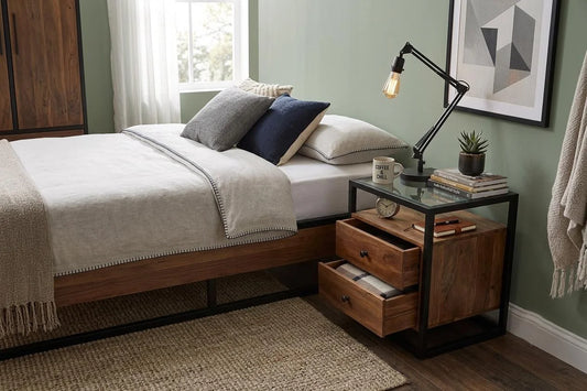 Mango Wood Bedside Table with Glass Top and 2 Drawers, Iron Frame - interior view
