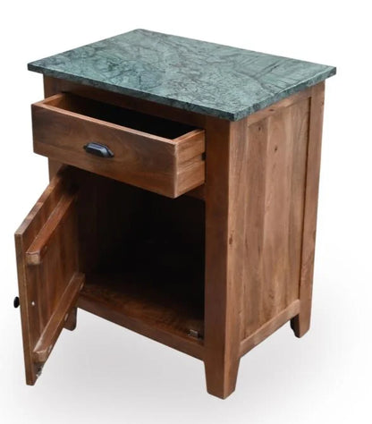 Mango Wood Bedside Table with Green Marble Top, 1 Drawer and 1 Door - drawer door open view