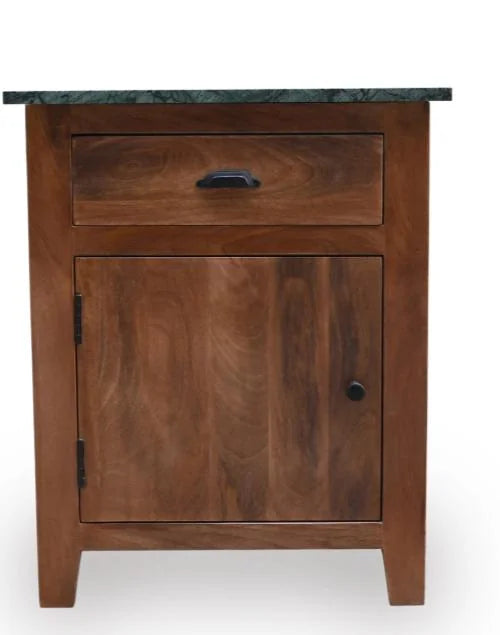 Mango Wood Bedside Table with Green Marble Top, 1 Drawer and 1 Door - front view