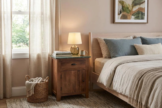 Mango Wood Bedside Table with Green Marble Top, 1 Drawer and 1 Door - interior view