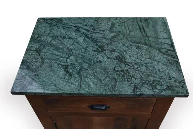 Mango Wood Bedside Table with Green Marble Top, 1 Drawer and 1 Door - marble top detail view