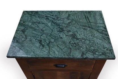 Mango Wood Bedside Table with Green Marble Top, 1 Drawer and 1 Door - marble top detail view