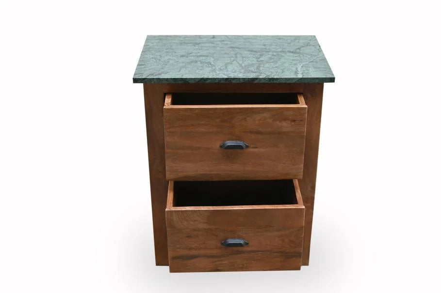 Mango Wood Bedside Table with Green Marble Top and 2 Drawers - drawers open view