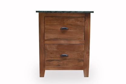 Mango Wood Bedside Table with Green Marble Top and 2 Drawers - front view