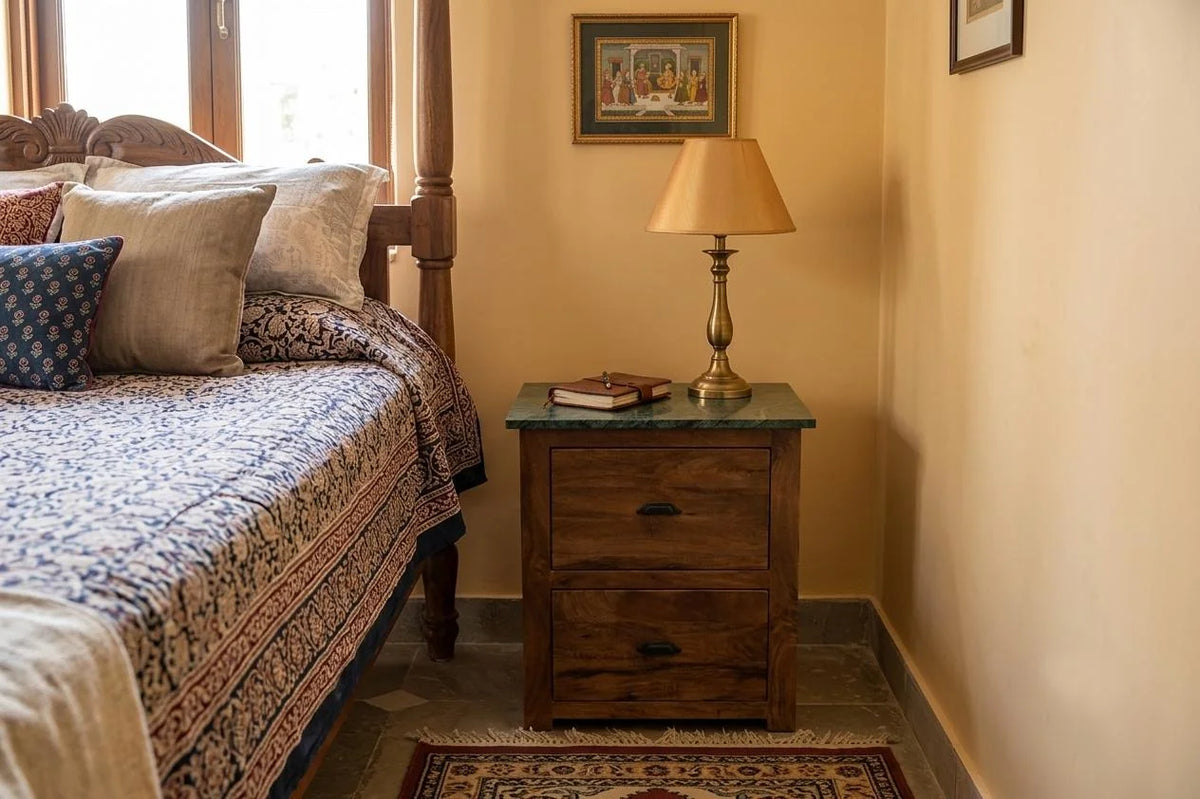 Mango Wood Bedside Table with Green Marble Top and 2 Drawers - interior view