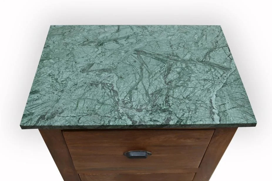 Mango Wood Bedside Table with Green Marble Top and 2 Drawers - marble top detail view
