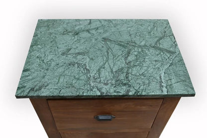 Mango Wood Bedside Table with Green Marble Top and 2 Drawers - marble top detail view