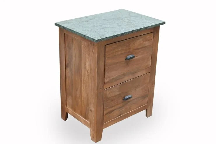 Mango Wood Bedside Table with Green Marble Top and 2 Drawers - side angle view