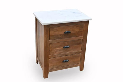 Mango Wood Bedside Table with White Marble Top and 3 Drawers - angle view