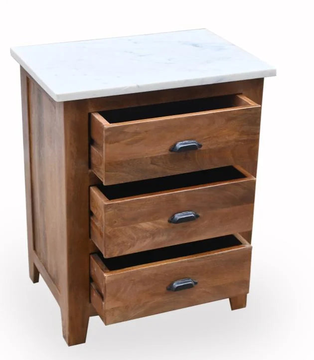 Mango Wood Bedside Table with White Marble Top and 3 Drawers - drawers open view