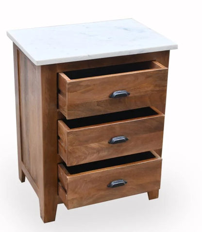 Mango Wood Bedside Table with White Marble Top and 3 Drawers - drawers open view