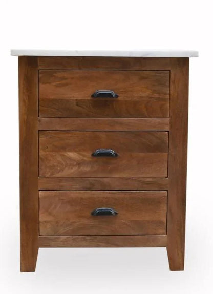 Mango Wood Bedside Table with White Marble Top and 3 Drawers - front view