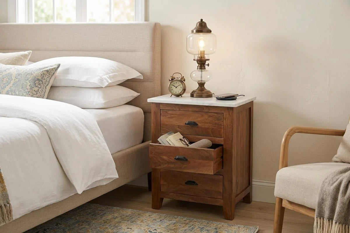 Mango Wood Bedside Table with White Marble Top and 3 Drawers - interior view