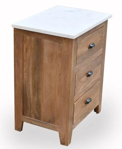 Mango Wood Bedside Table with White Marble Top and 3 Drawers - side view
