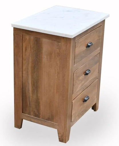 Mango Wood Bedside Table with White Marble Top and 3 Drawers - side view