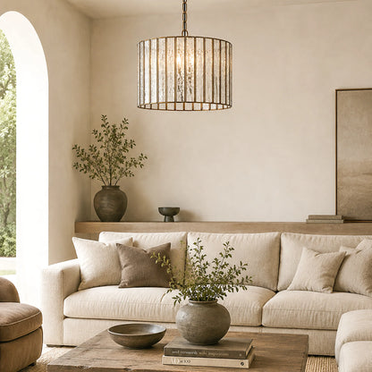 Gold Brass & Textured Glass Drum Ceiling Light - view 2